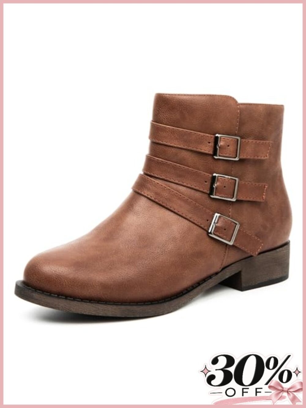 Faux Leather Ankle Boots Low Chunky Heel Side Zip Casual Booties
